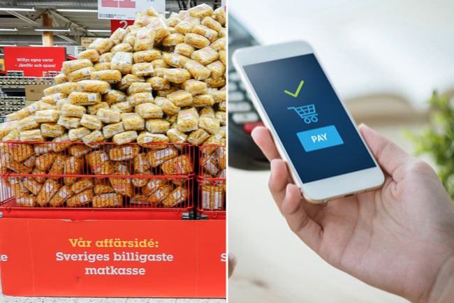 hög med matvaror i willys-butik och en hand som håller i mobiltelefon med betalningsikon